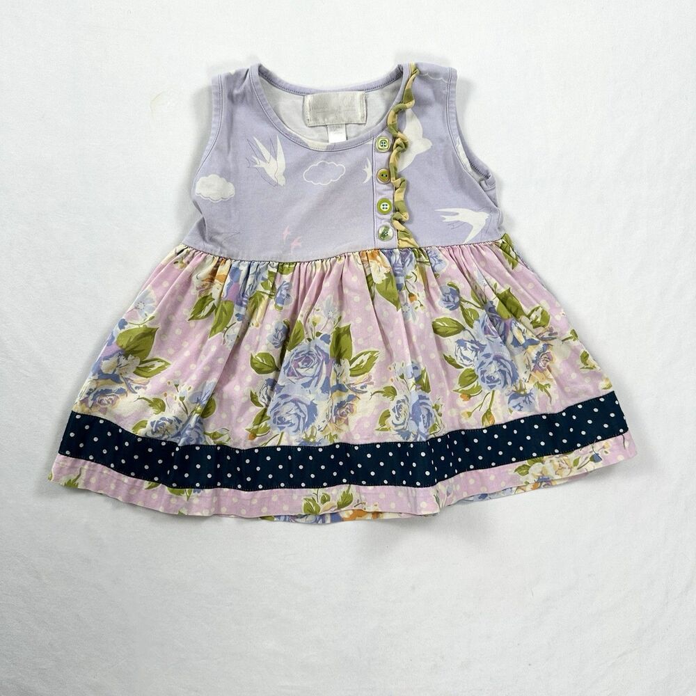 Matilda Jane Dress Girls Toddler 2 Purple Polka Dot Floral Bird Short Sleeve
